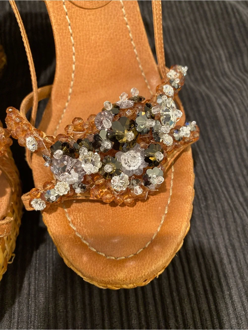 Prada Tan Crystal-Embellished Wedge Sandals